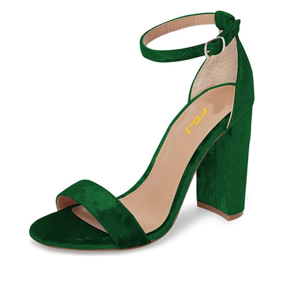 FSJ Green Velvet Classic Chunky High Heel Open Toe Ankle Strap Sandals size 9